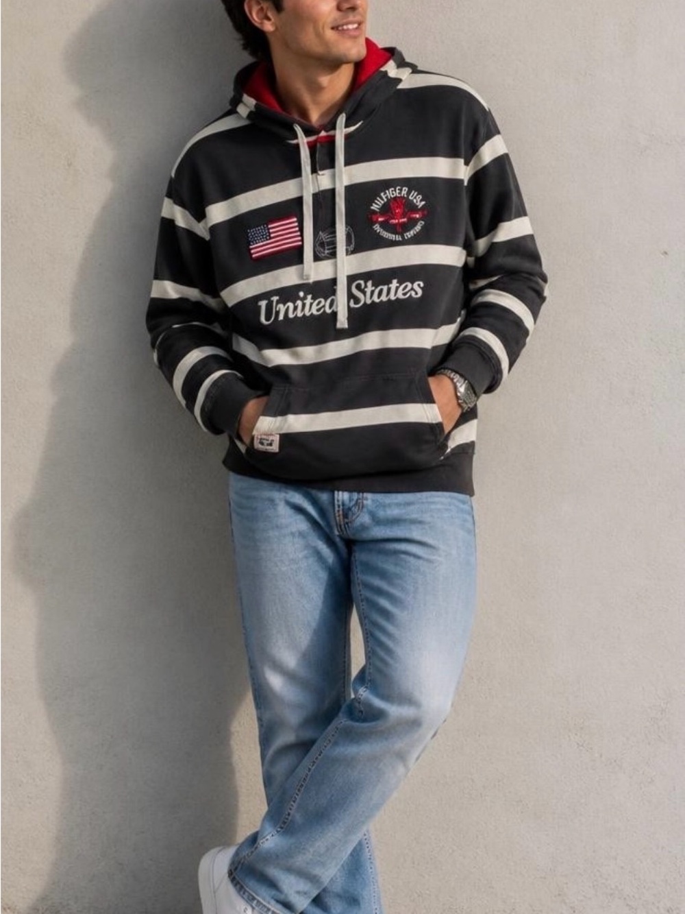 Tommy Hilfiger Black & White Striped Hoodie with Red Hood Lining
